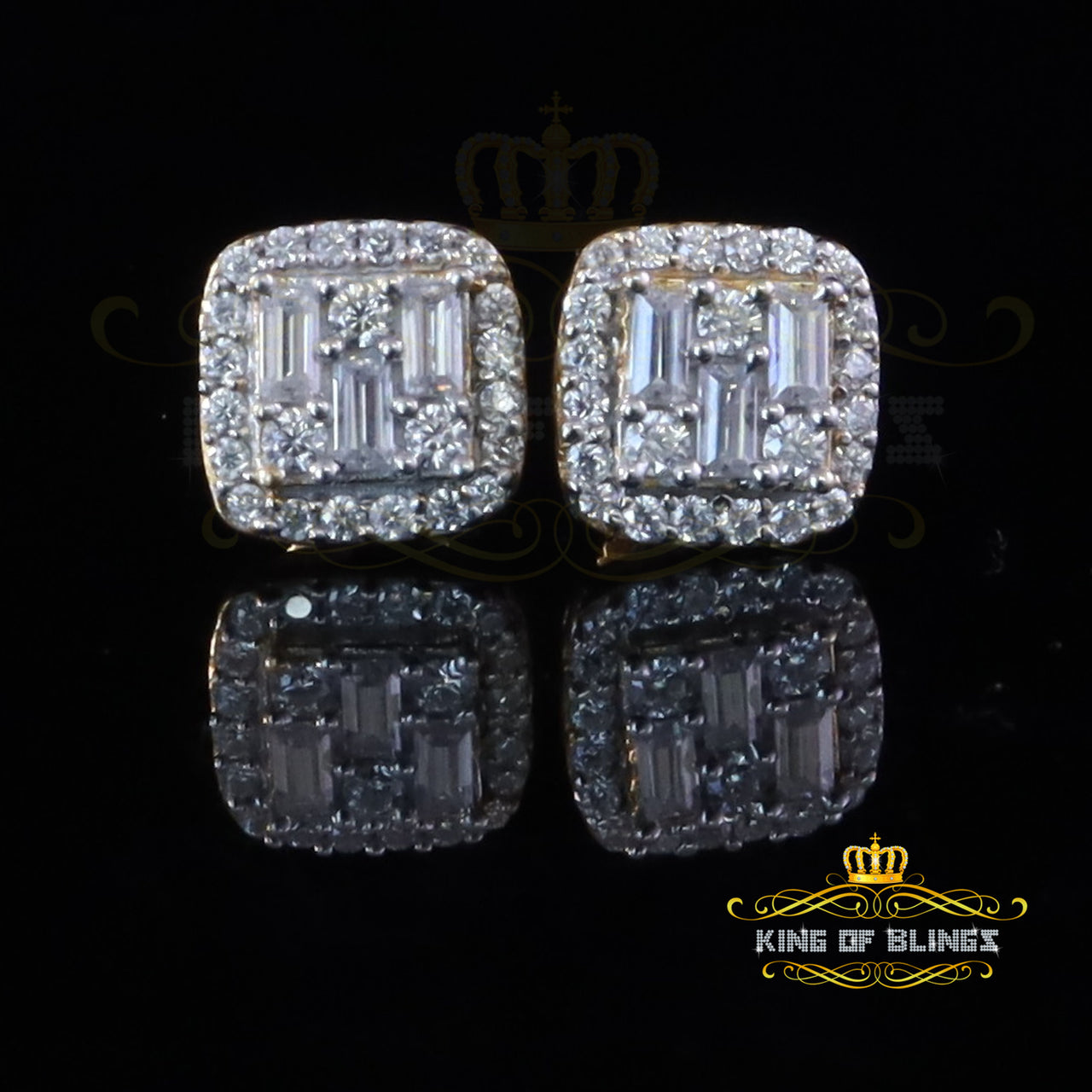 King  of Bling's Yellow Silver 0.75ct VVS 'D' Baguette Moissanite Men's/Womens 925 Stud Earrings KING OF BLINGS
