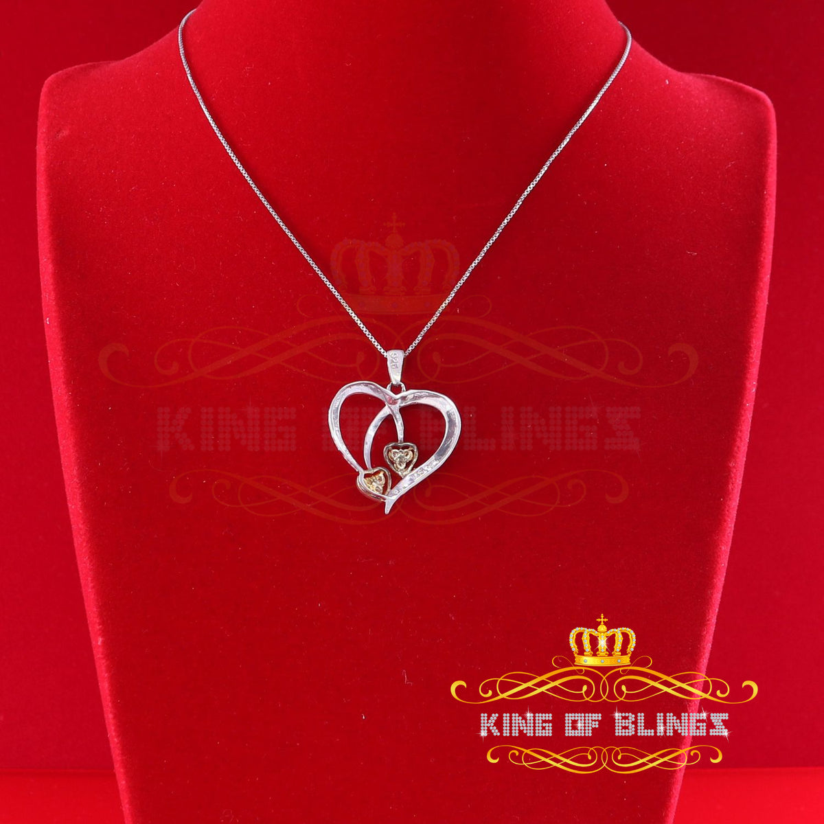 King Of Bling's 0.03CT Real Diamond Double HEART Sterling Silver with White Charm Pendant KING OF BLINGS