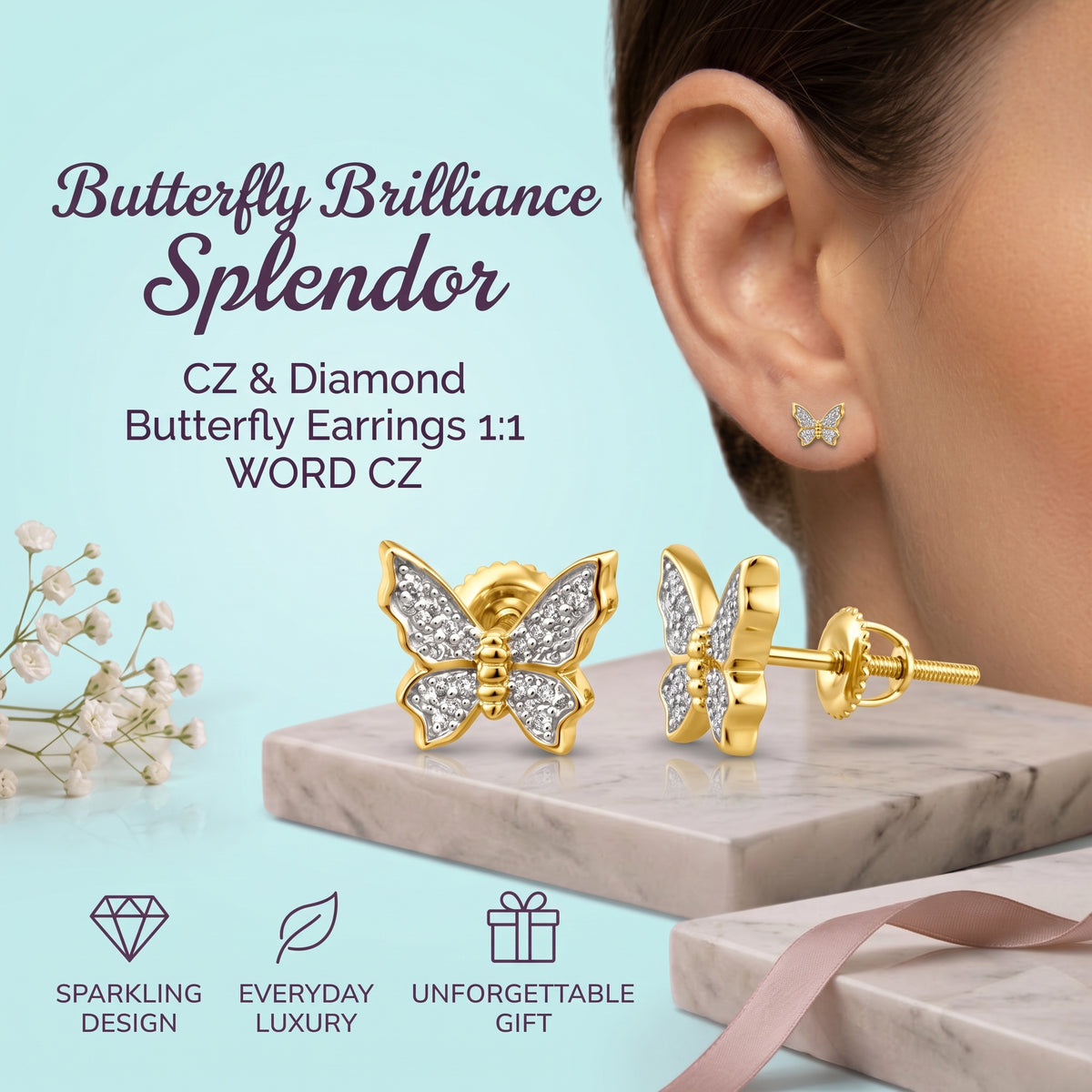 King of Bling's Women's 0.17ct Cubic Zirconia Butterfly Stud Earrings Yellow 925 Sterling Silver KING OF BLINGS