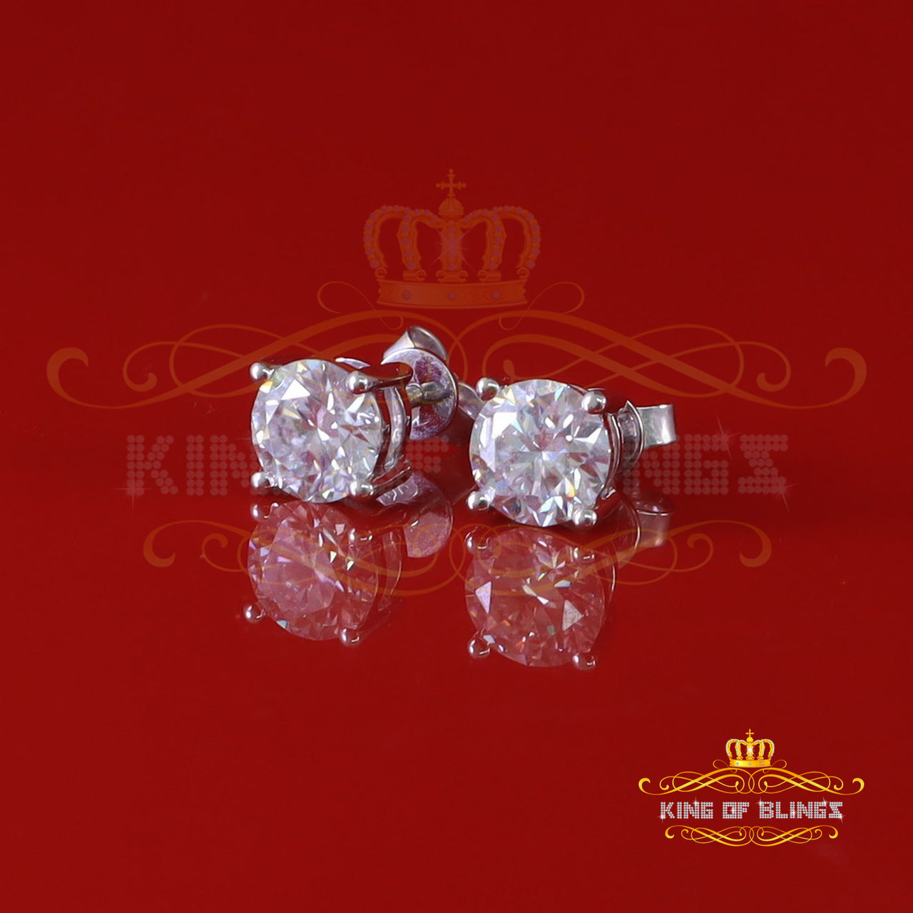 King Of Bling's 10k Real White Gold with 3.00ct Round VVS 'D' Color Moissanite Stud Earrings