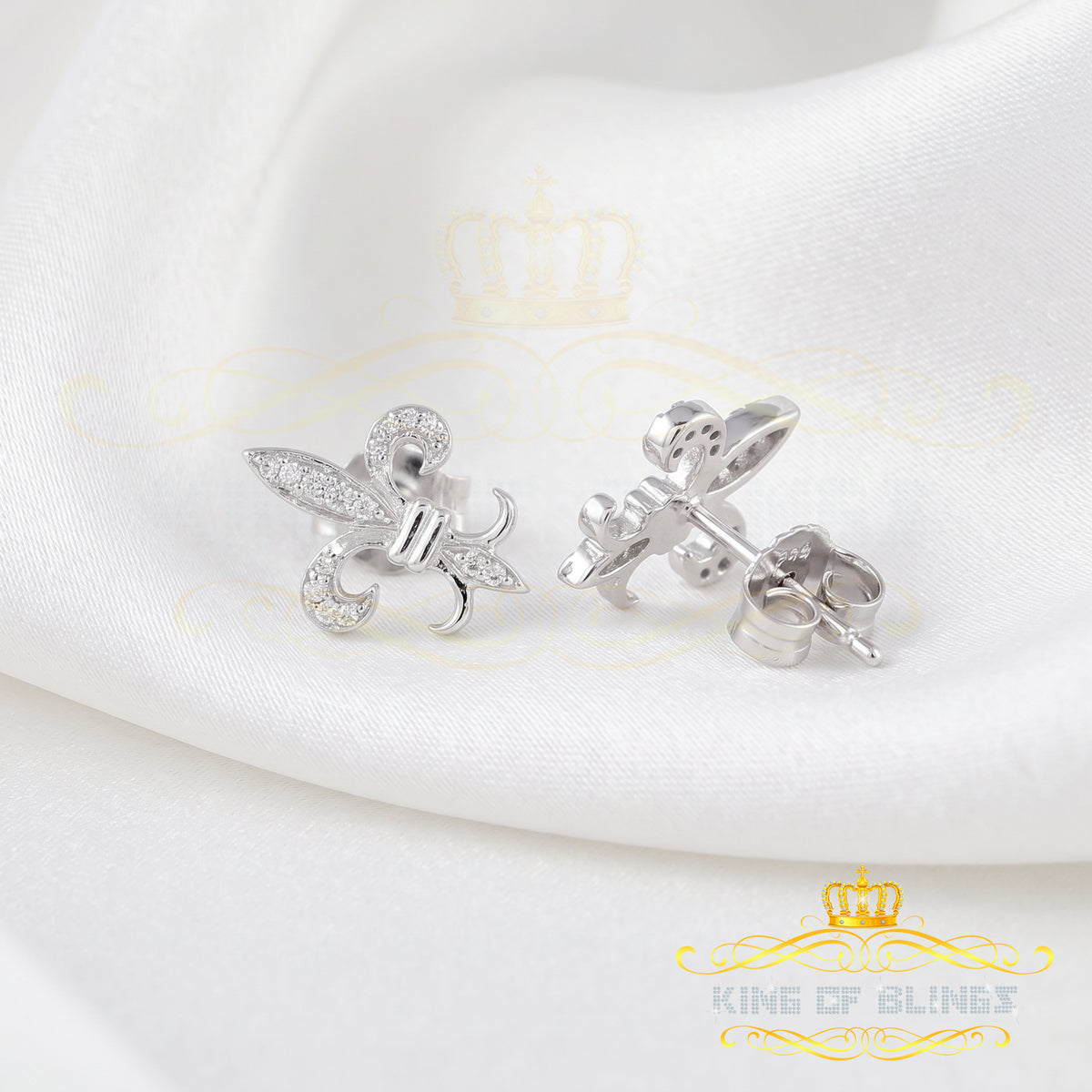 King of Bling's 925 White Silver Fleur de Lis Screw Back 0.25ct Cubic Zirconia Ladies Earrings KING OF BLINGS