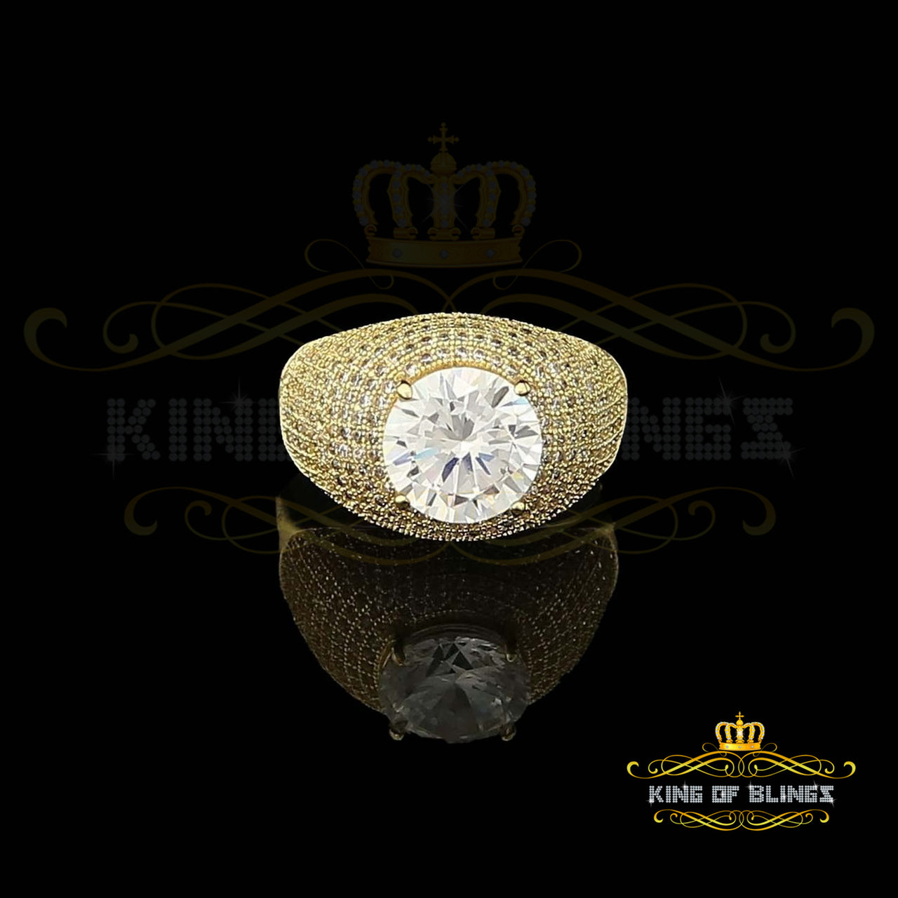 King Of Bling's Sterling Yellow Silver Big One 14.00ct Cubic Zirconia Fashion Round Ring Size 15 KING OF BLINGS