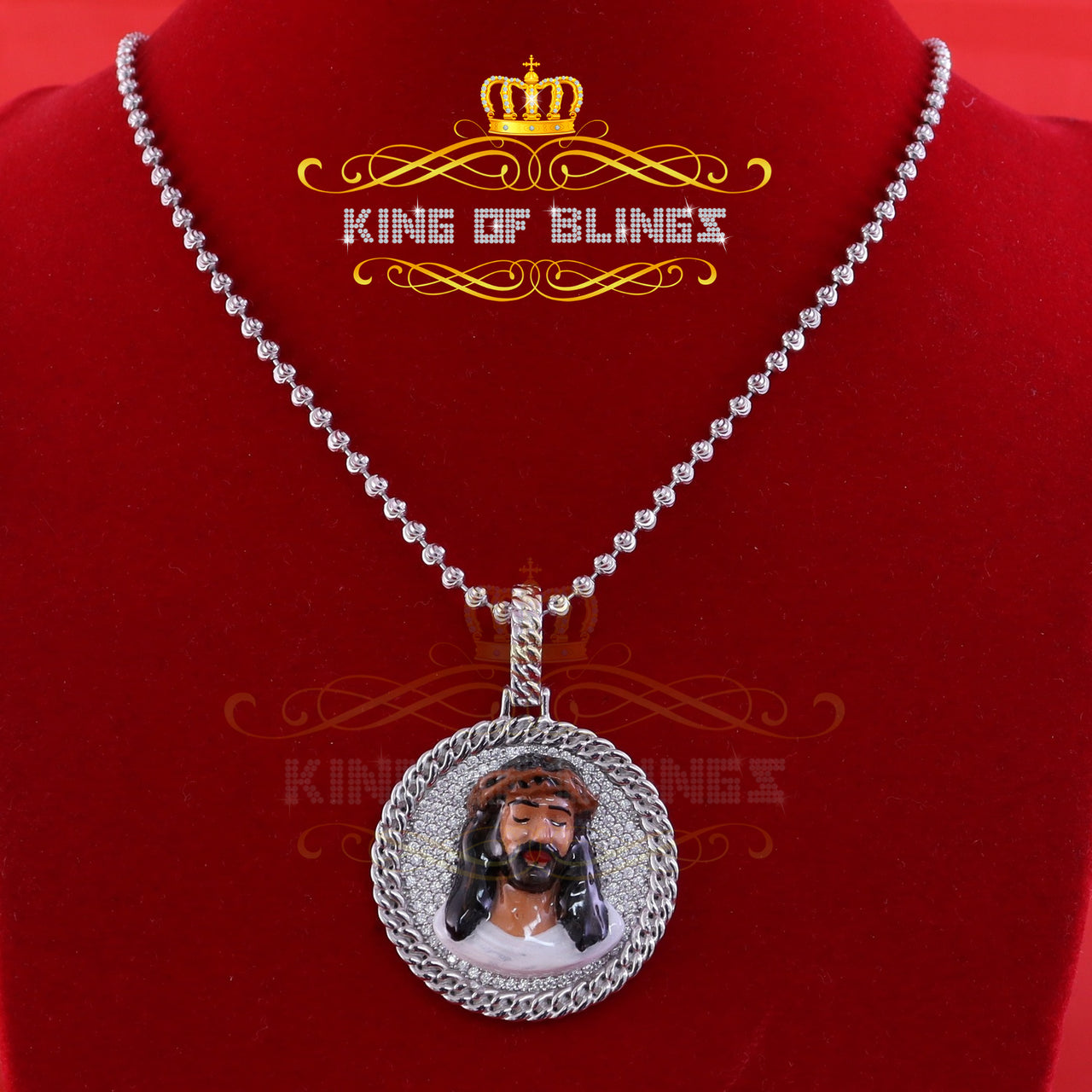 King Of Bling's 925 Sterling Silver 2.00ct W/Crushed Moissanite White "1.50" Jesus Charm Pendant KING OF BLINGS