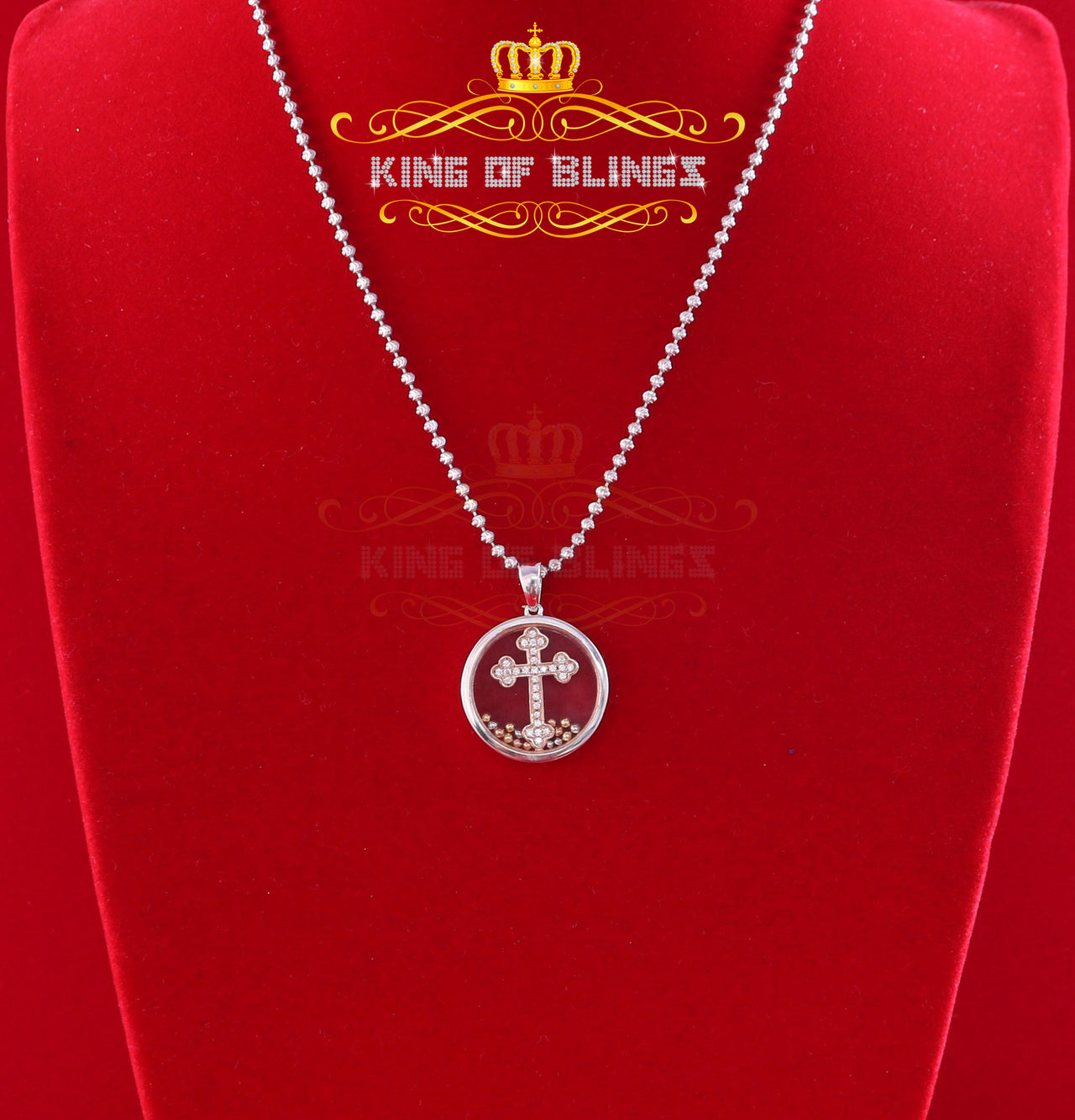 King Of Bling's Attractive White 925 Sterling Silver Round Cross Pendant with Cubic Zirconia