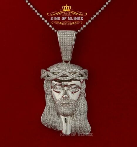 White 925 Sterling Silver Jesus Crown Shape Pendant with 7.41ct Cubic Zirconia KING OF BLINGS