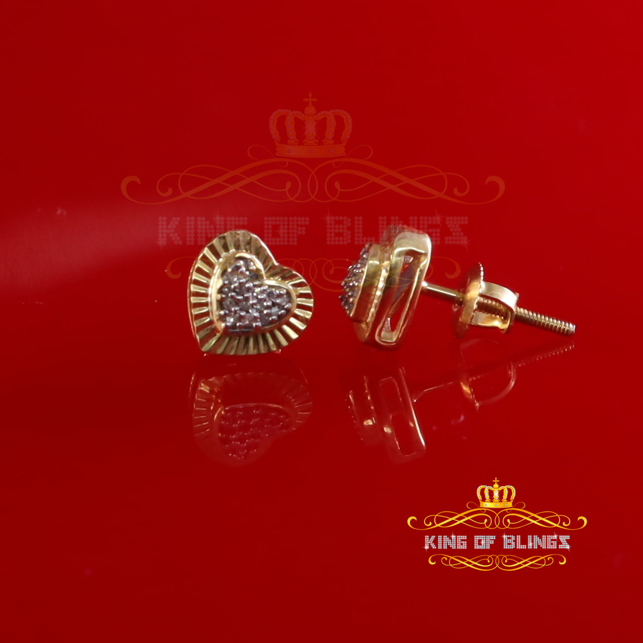 King Of Bling's 10K Real Yellow Gold with Real 0.10ct Diamonds Men's /Womens Stud Heart Earrings