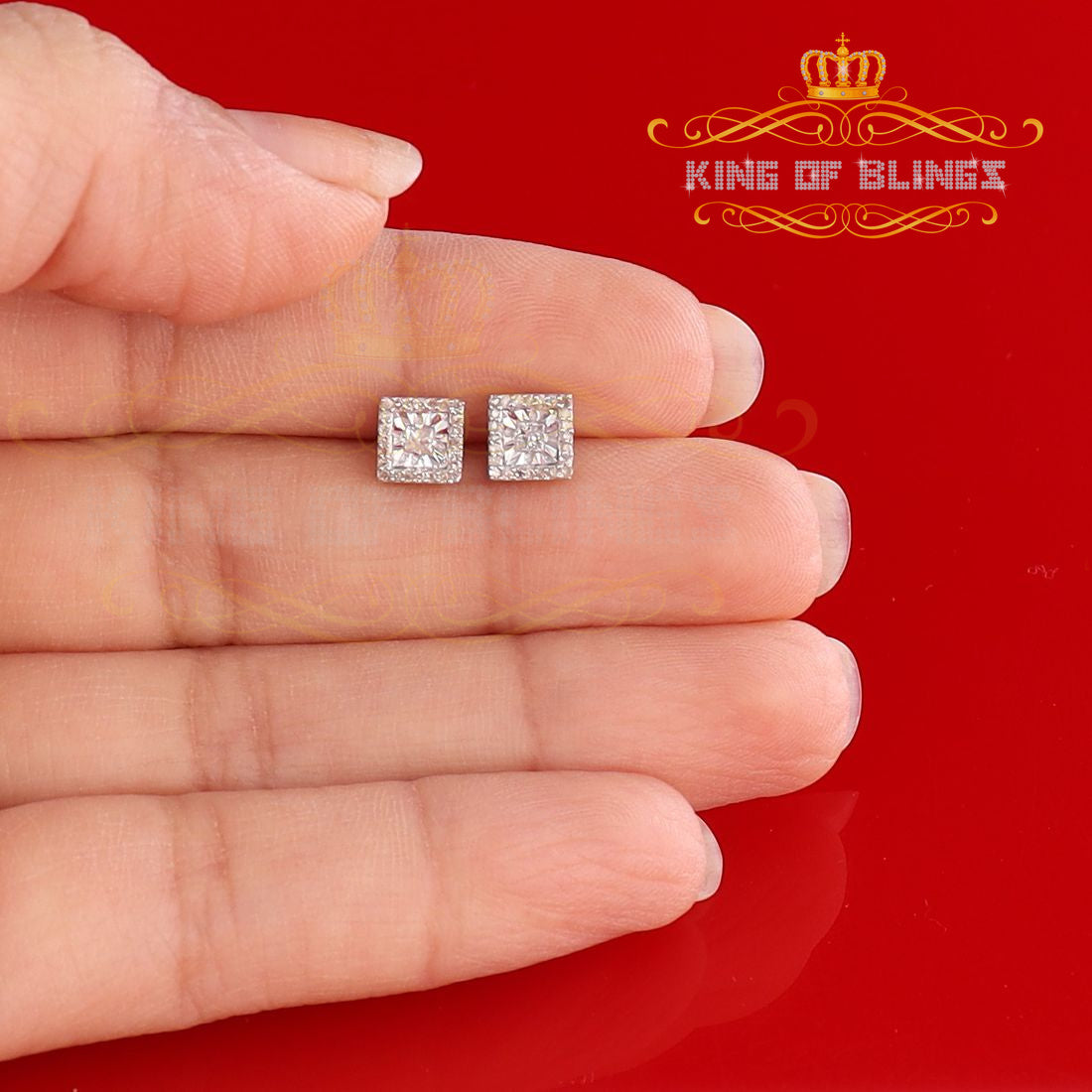 King Of Bling's Aretes Para Hombre 925 White Silver 0.20ct Diamond Women's Square Earrings