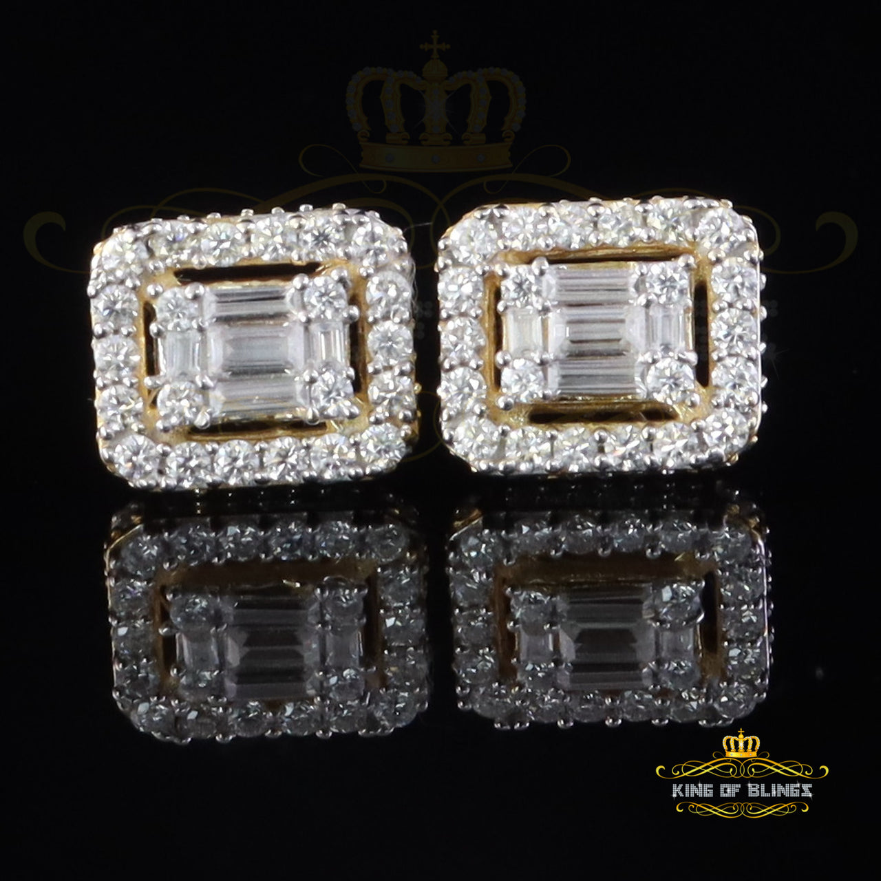 King  of Bling's 925 Yellow Silver 1.25ct VVS 'D' Moissanite Square Stud Earring Men's/Womens King of Blings