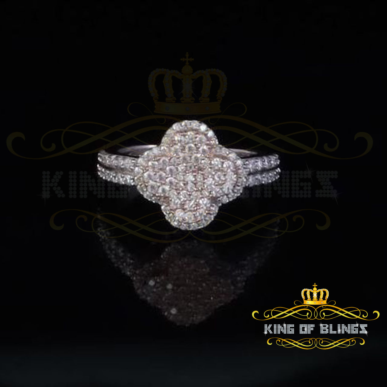 King of Bling's 1.66ct VVS D Clr 925 Moissanite Clover Shape Silver White For Women's Ring Size7