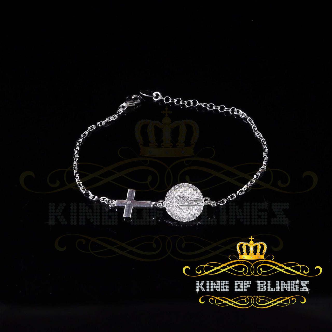 King Of Bling's CZ White 925 Sterling Silver Women's Saint Jude Thaddeus and Cross Bracelet SZ 8