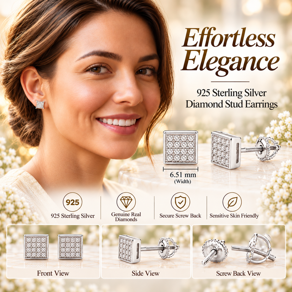 King Of Bling's 925 White Sterling Silver 0.15ct Diamond For Women's & Men's Square Earrings KING OF BLINGS