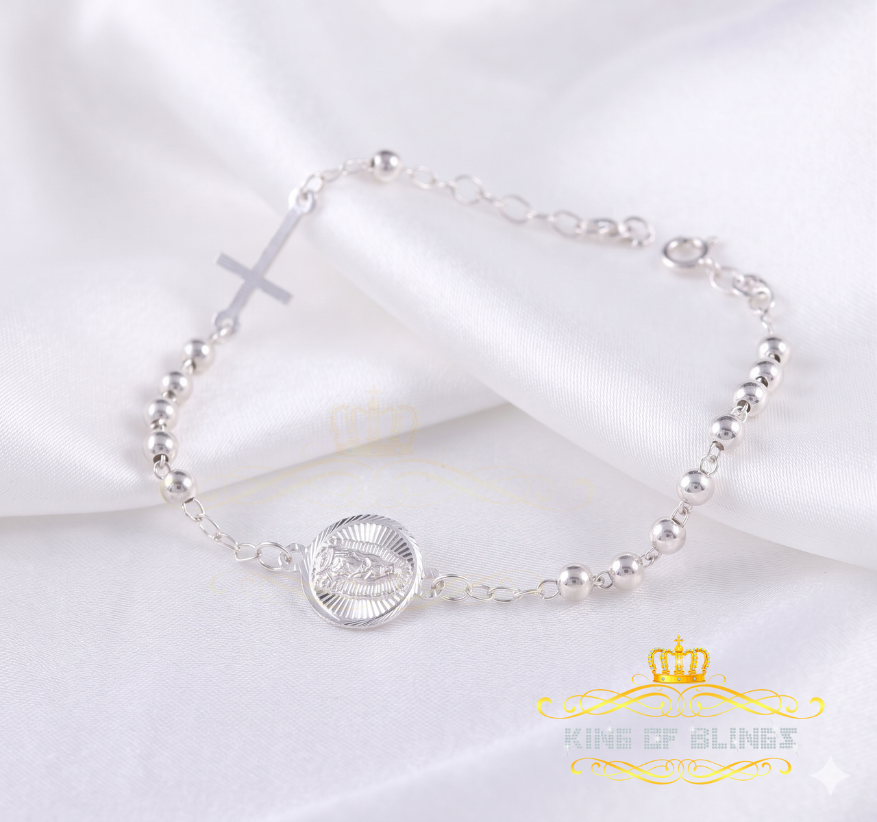 KING OF BLINGS 925 Sterling Plain Silver Virgin Merry White Oval Shape Women's Religious Bracelet