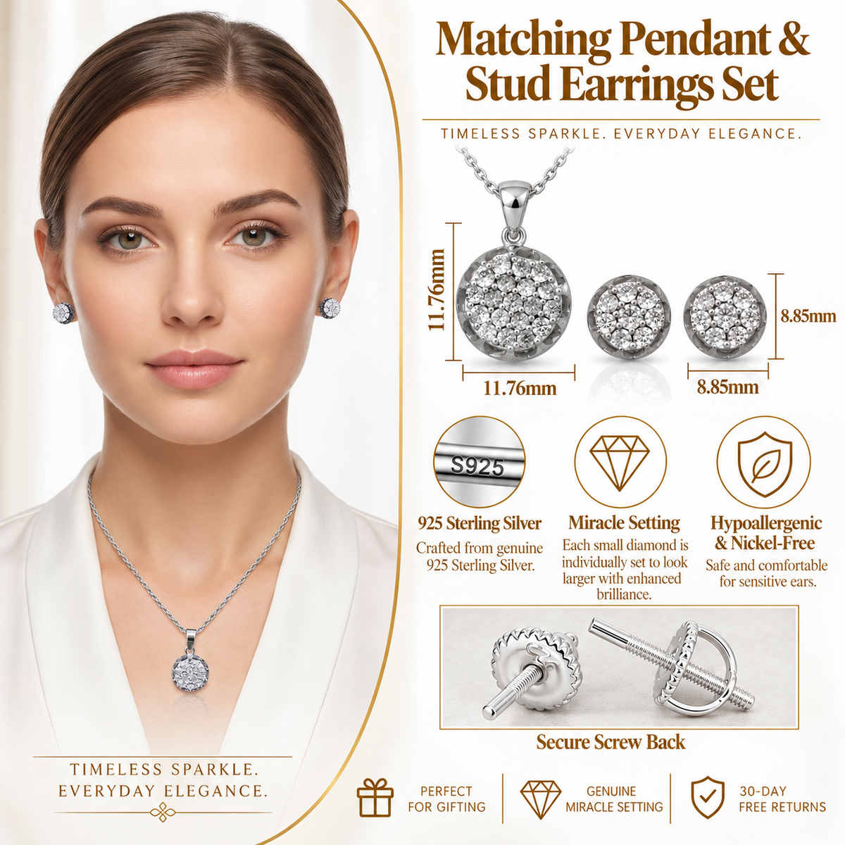 King of Bling's 925 White Silver 0.33W CT Genuine Diamond Round Floral Shape Pendant&Earring Set King of Blings