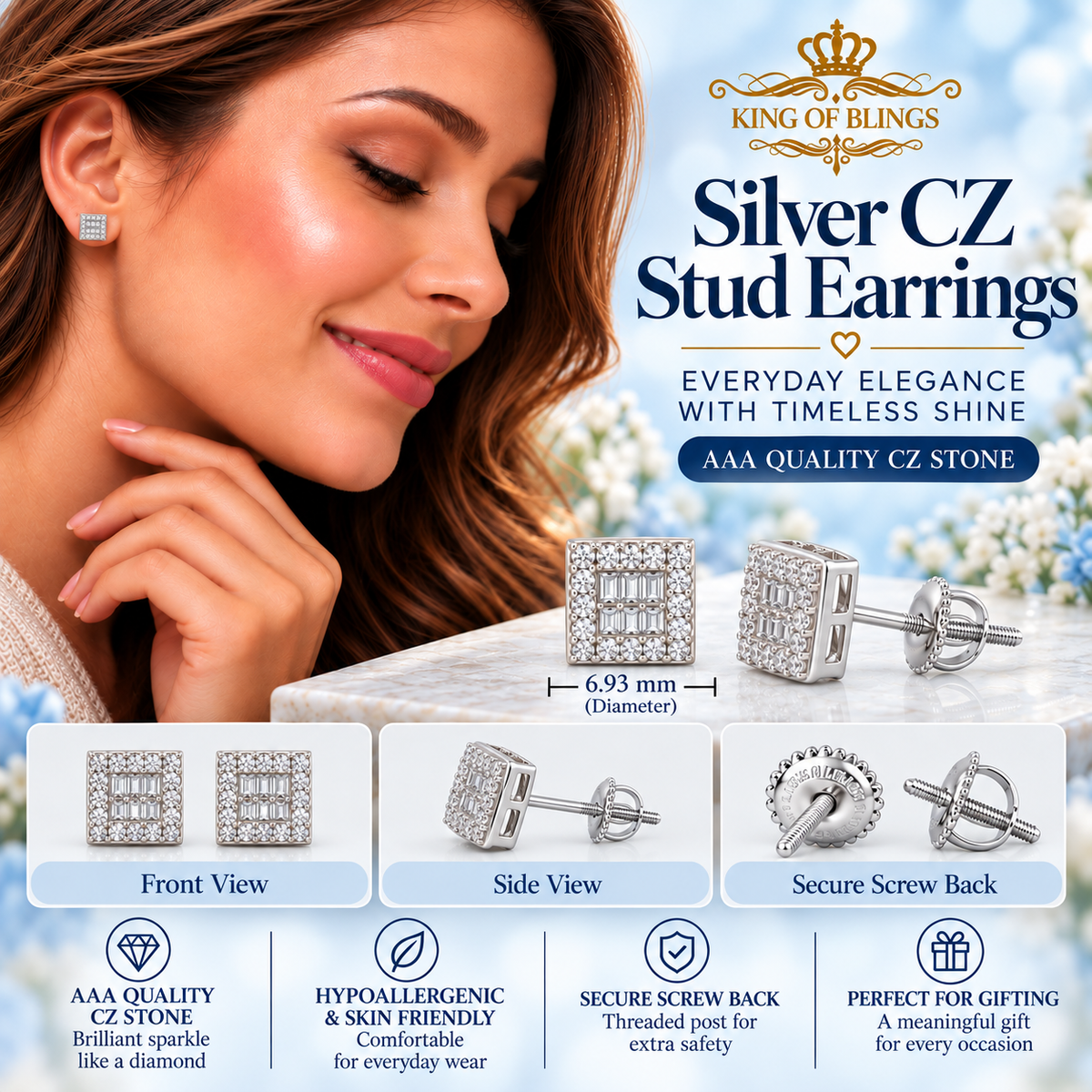 King of Bling's Aretes Para Hombre 925 White Silver 1.03ct Cubic Zirconia Square Women's Earring KING OF BLINGS