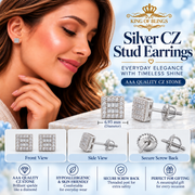 King of Bling's Aretes Para Hombre 925 White Silver 1.03ct Cubic Zirconia Square Women's Earring KING OF BLINGS