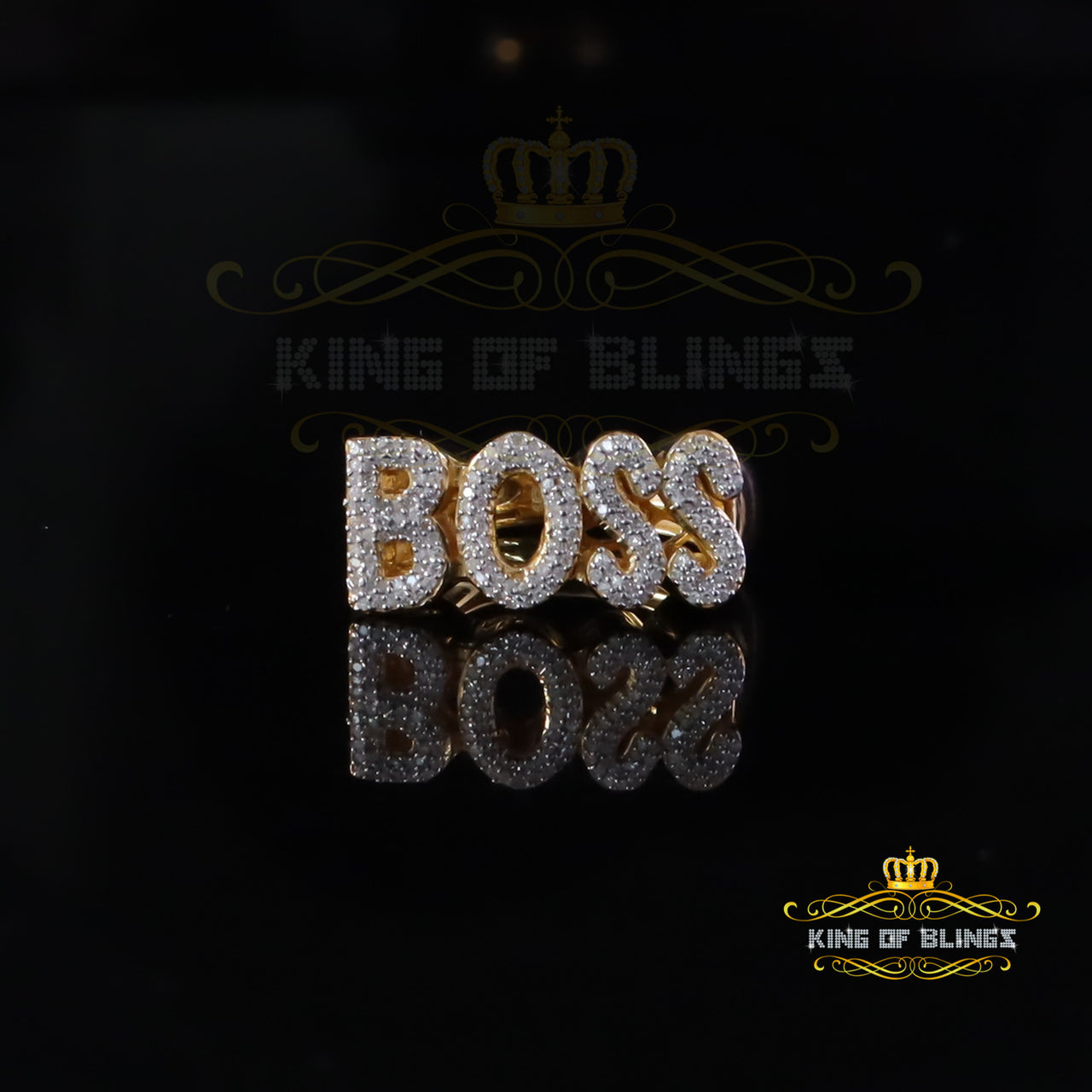 King Of Bling's Stylish "BOSS" 925 Silver Yellow 0.50ct Micro Real Diamond Men's Band Ring SZ 8 King of Blings