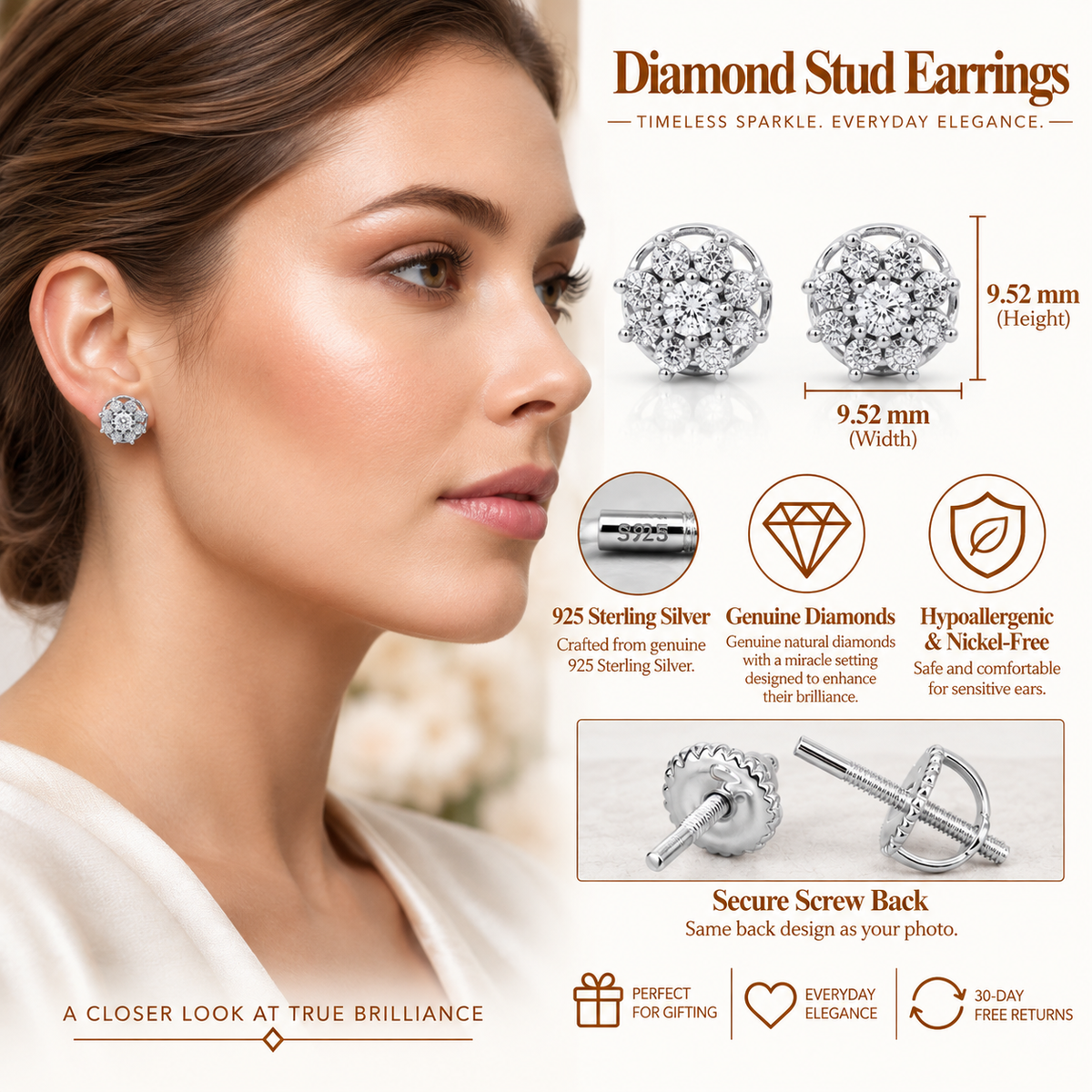 King Of Bling's 925 Sterling Silver White 0.10ct Diamond For Men's/Women's Stud Floral Earrings KING OF BLINGS