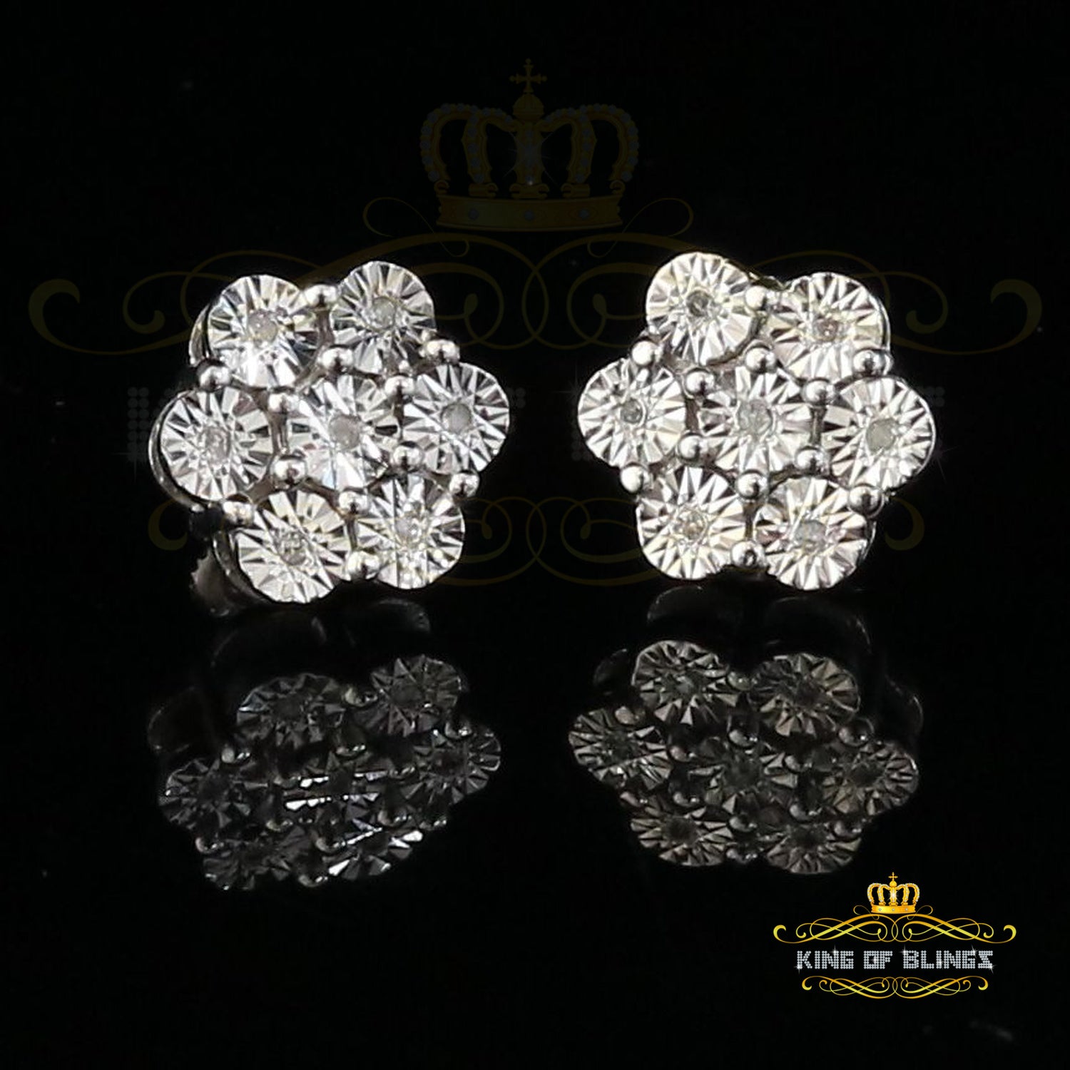 King Of Bling's 0.05ct Diamond 925 Sterling Silver White Floral Earrings For Men's / Women's KING OF BLINGS