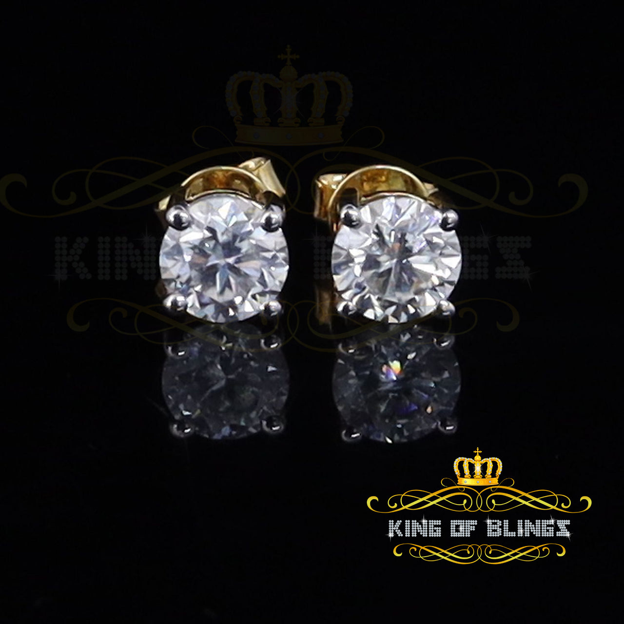 King Of Bling's 10K Real Yellow Gold with 2.00ct Round VVS 'D' Color Moissanite Stud Earrings