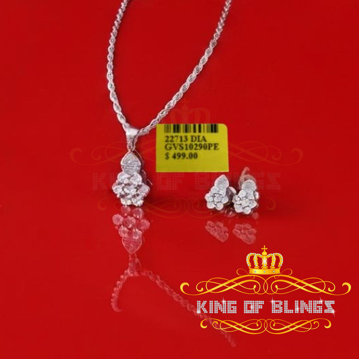 King of Bling's 925 White Silver 0.33CT Genuine Diamond Round Floral Shape Pendant & Earring Set King of Blings