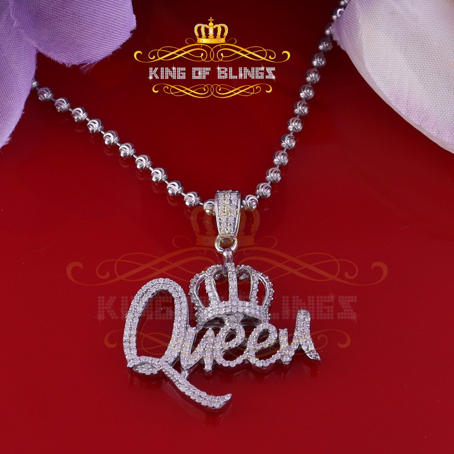 King Of Bling's Surprise 1.00ct Real Moissanite White 925 Silver Pendant for your Queen W/ crown King Of Blings