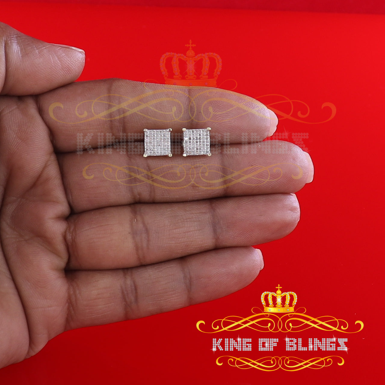 King of Blings-Aretes Para Hombre 925 Yellow Silver 0.25ct Square Diamond Stud men's Earrings