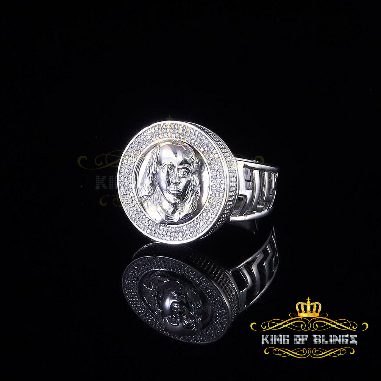 King Of Bling's Men's 0.40CT Silver Diamond White Silver Round Adjustable Ring From SZ 10 to 12