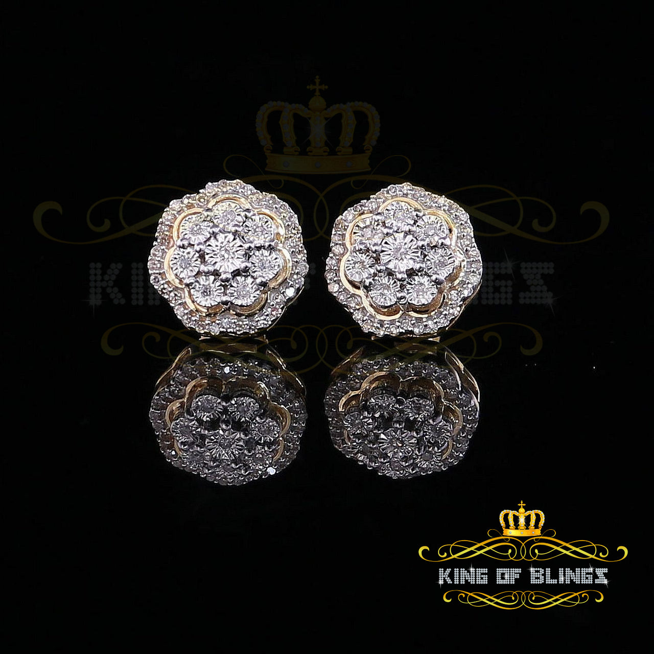 King Of Bling's 10K Real Yellow Gold Real Diamond 0.25CT Men's/Women's Floral Stud Micro Earring