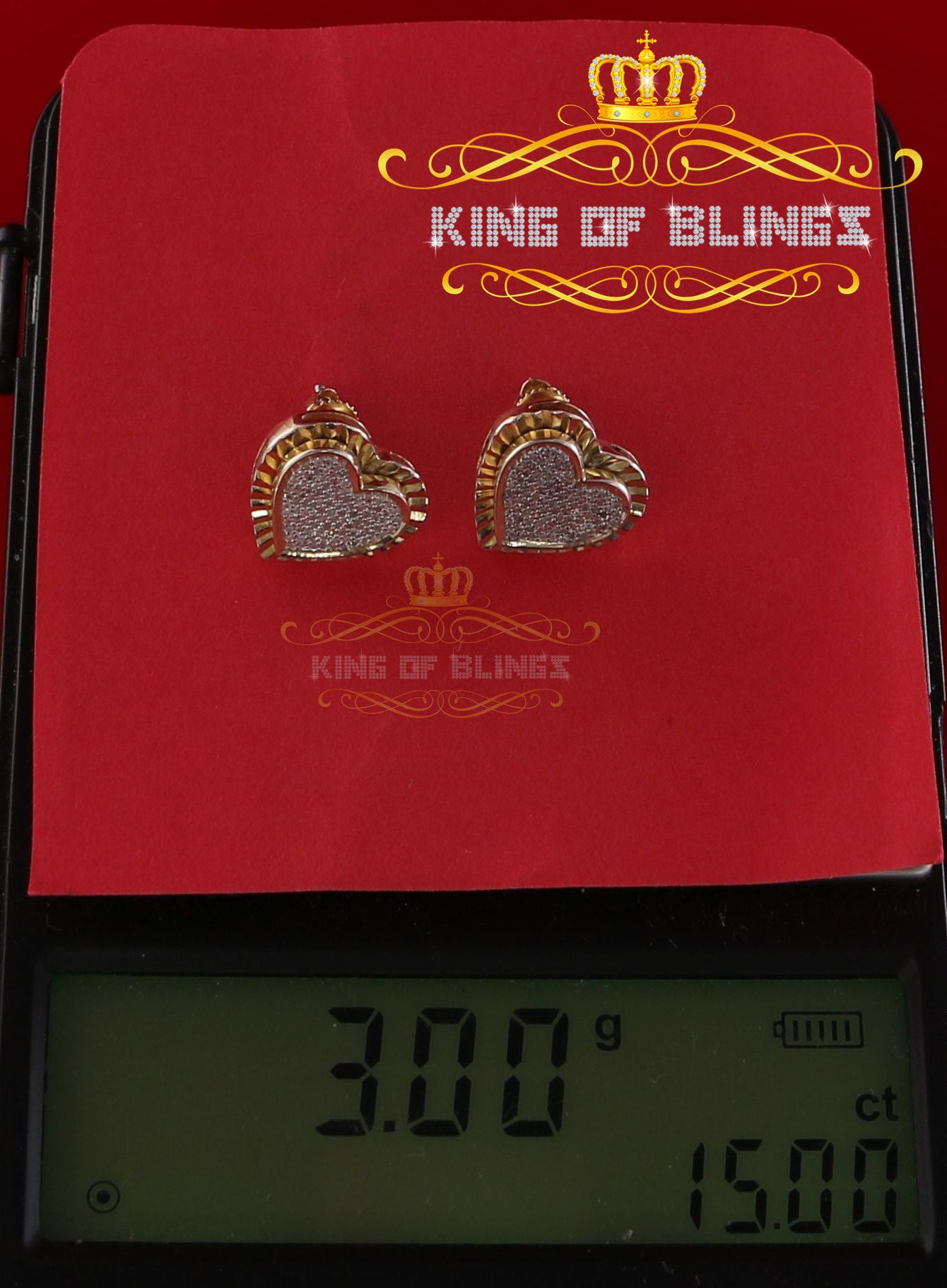 King of Blings-925 Yellow Silver 0.50ct Genuine Diamond Women's /Men's Heart Style Earrings KING OF BLINGS