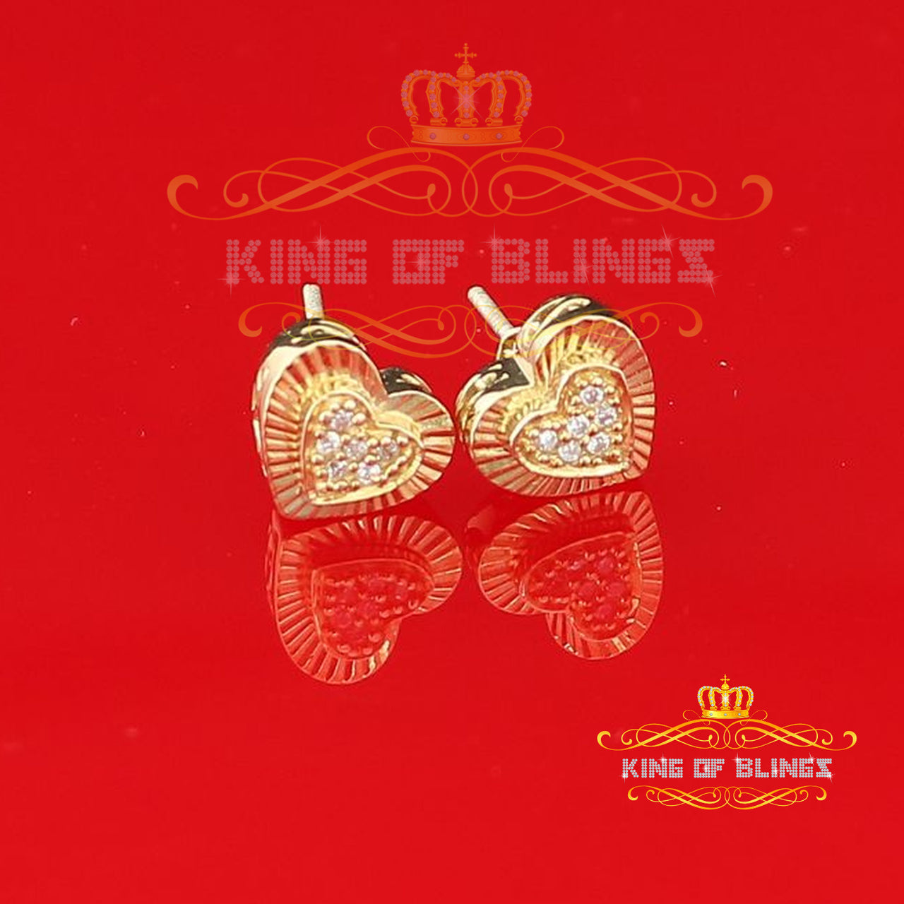 King of Bling's Aretes Para Hombre 925 Yellow Silver 0.24ct Cubic Zirconia Heart Women's Earring