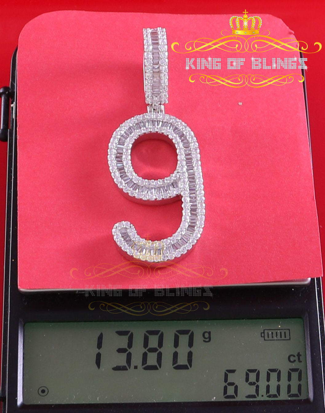 White Sterling Silver Baguette Numberical NINE Pendant 4.86ct Cubic Zirconia KING OF BLINGS