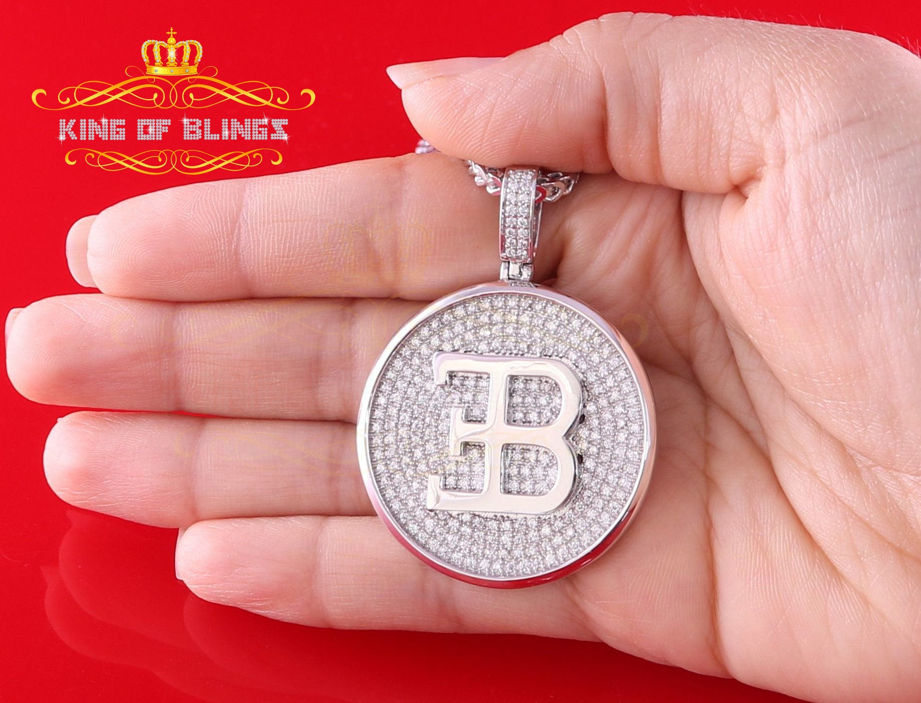 King Of Bling's White Sterling Silver Numeric BE Letter Pendant with 3.04ct Cubic Zirconia Stone KING OF BLINGS