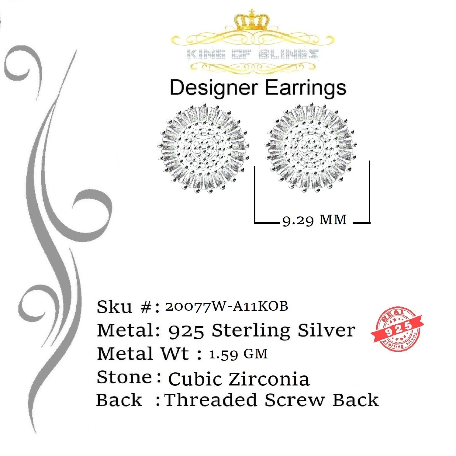 King of Blings- White 925 Sterling Silver 0.24ct Cubic Zirconia For Women & Men Round Earrings KING OF BLINGS
