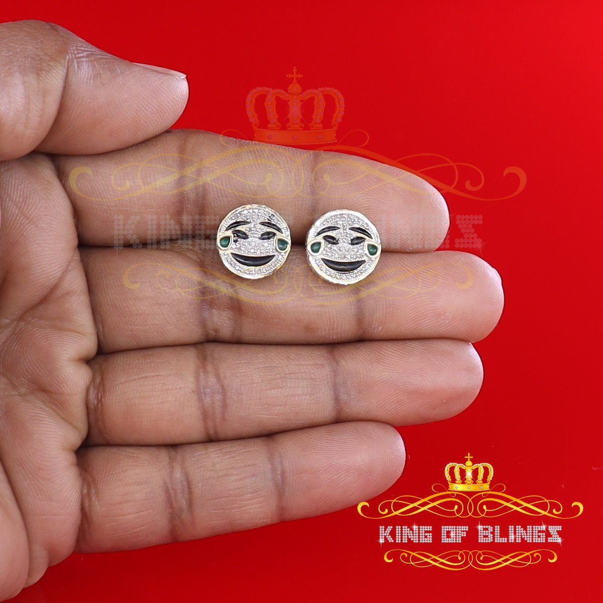 King Of Bling's 925 Sterling Yellow Silver 0.33ct Diamond Men & Women Face with tear joy Earring KING OF BLINGS