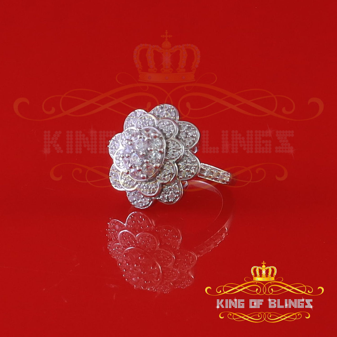 King Of Bling's925 Sterling Silver White 2.10ct Cubic ZirconiaWide Flower Womens Ring Size7.5