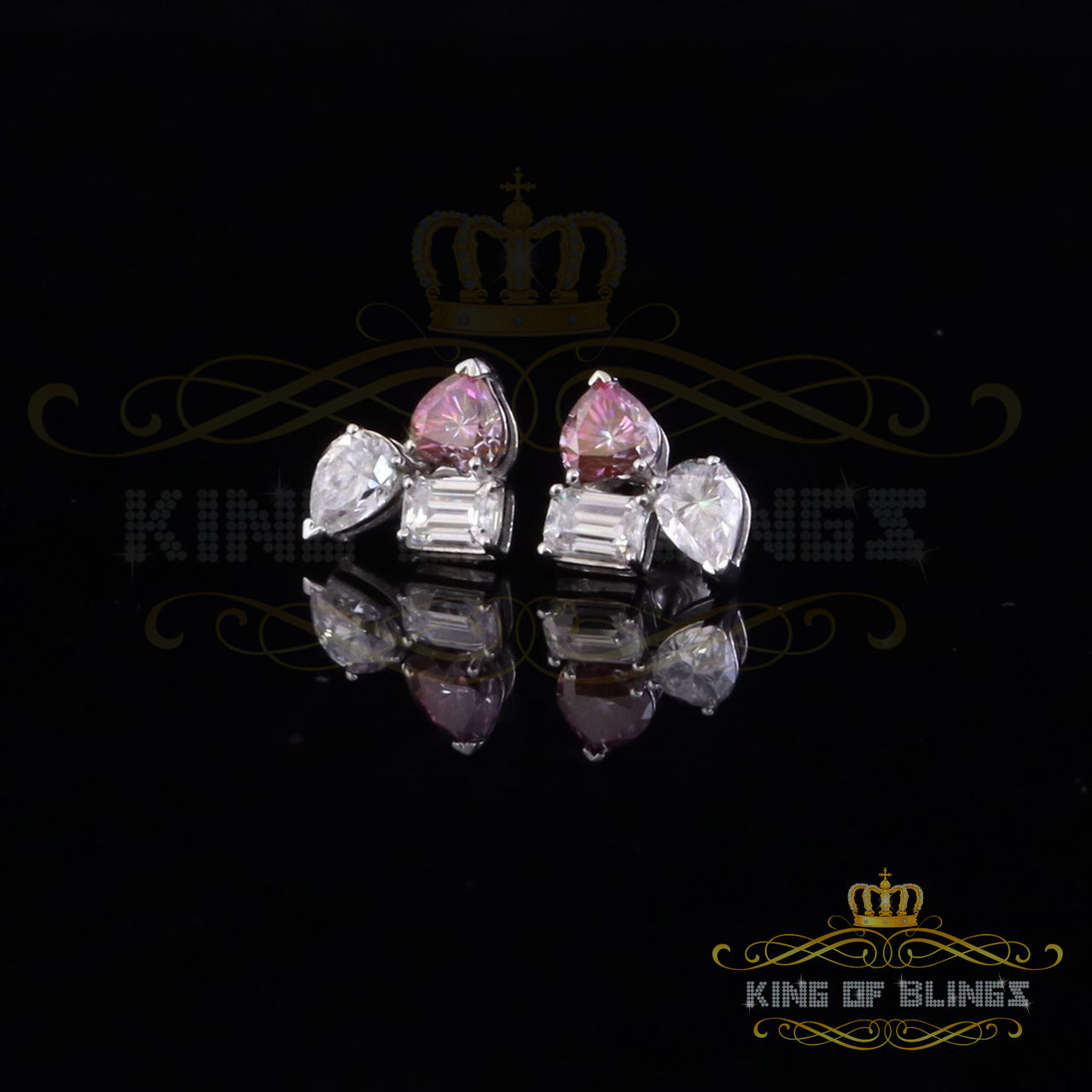 King of Bling's Women's 925 Silver White 5.00ct VVS 'D' Pink Moissanite Toi et Moi Stud Earrings