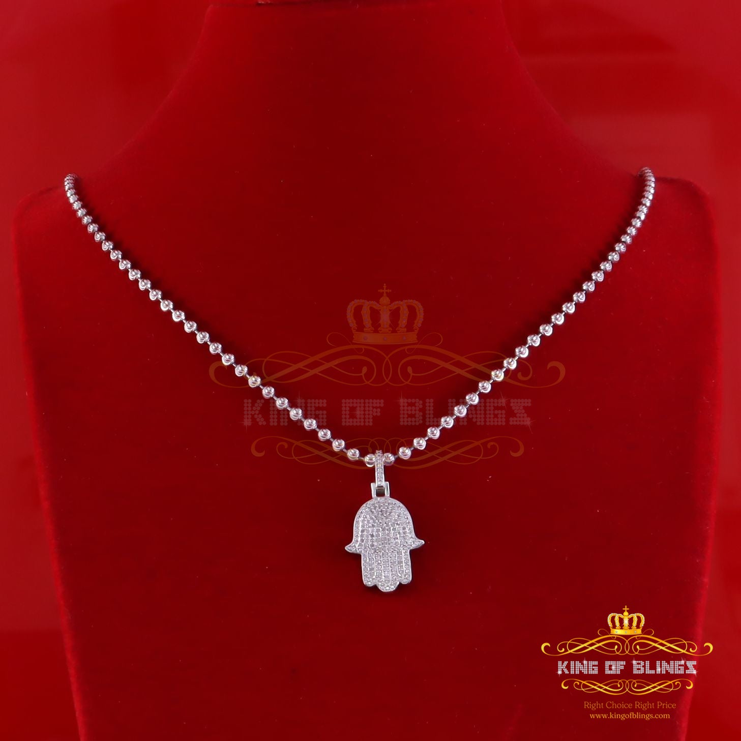 King Of Bling's Real 0.33ct Diamond 925 Sterling Silver HAMSA Charm Necklace Pendant in White KING OF BLINGS