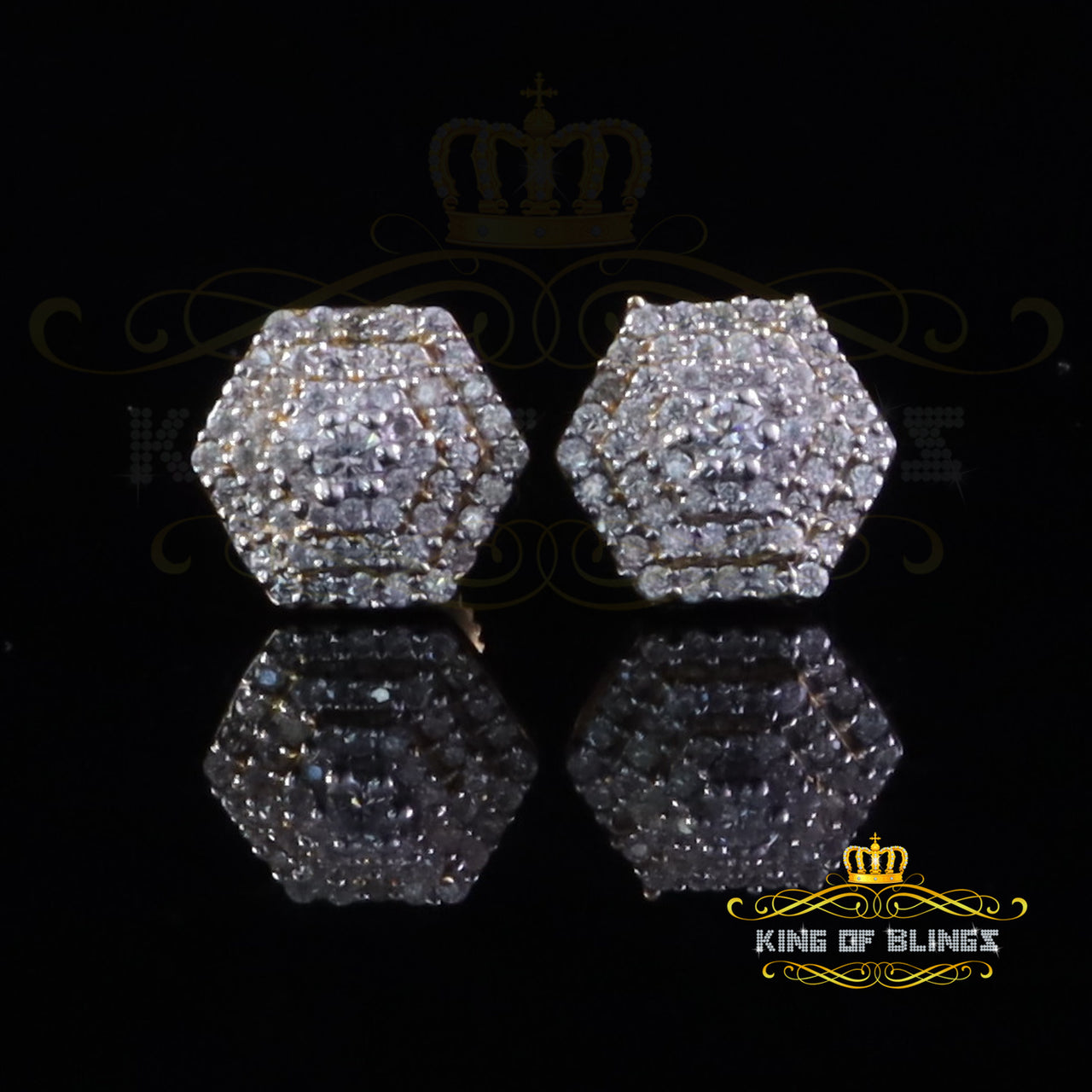 King  of Bling's Hexogonal Stud Earrings 0.50ct VVS 'D' Moissanite 925 Yellow Silver Men's/Womens KING OF BLINGS