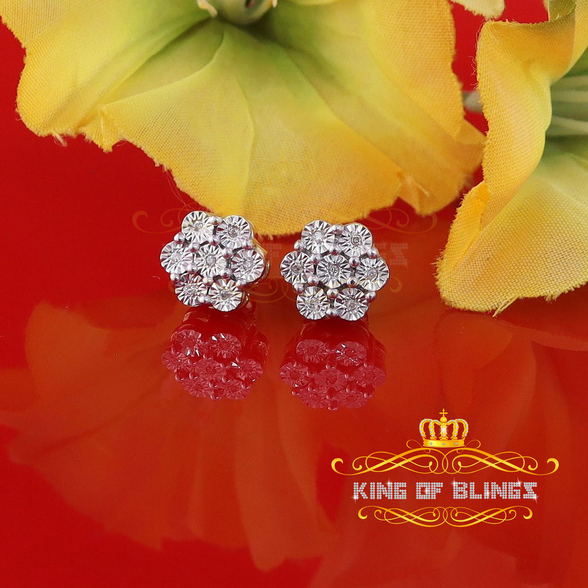 King Of Bling's 0.05ct Diamond Sterling Silver Yellow Floral Style Earrings For Men's & Women's KING OF BLINGS