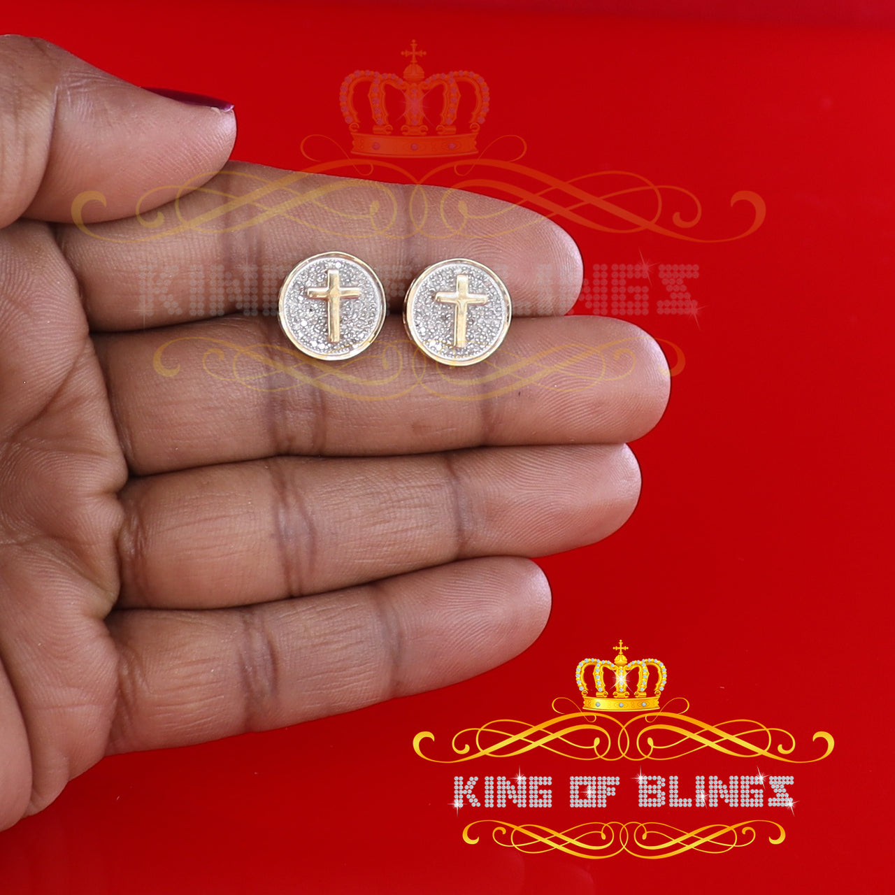 King of Blings-0.33ct Diamond 925 Sterling Silver Yellow Round Cross Earrings Men's / Women's