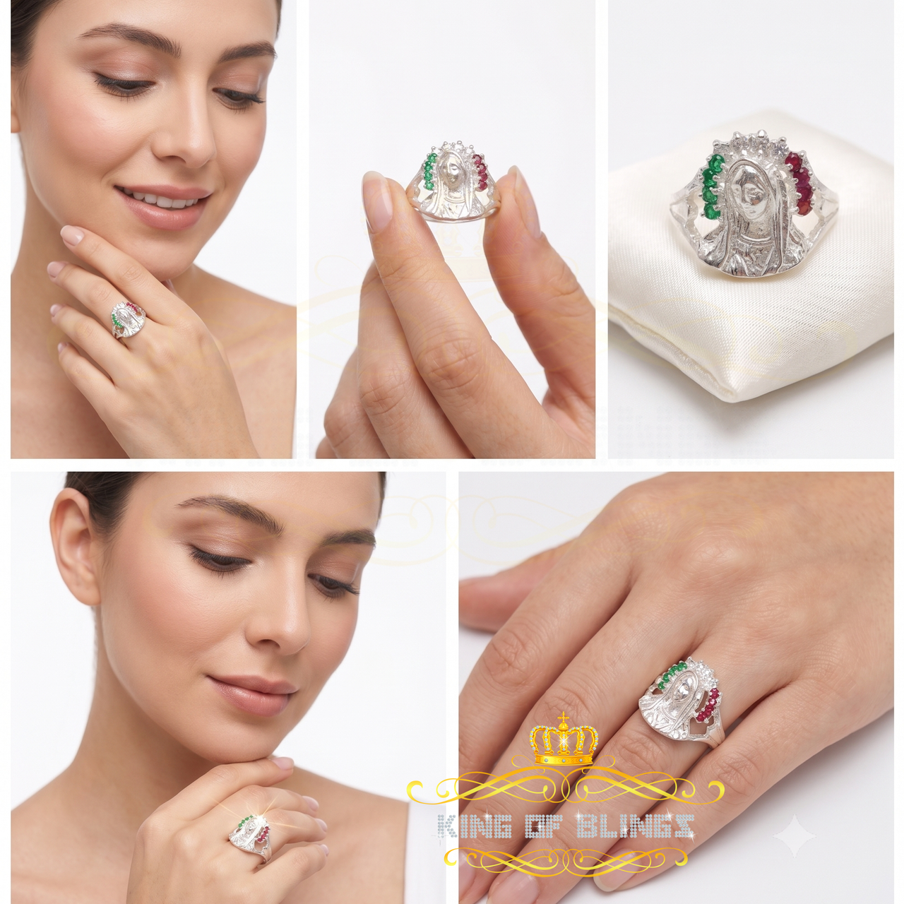 King Of Bling'sReligious White 925 Silver Cubic Zirconia Mother Mary Face Women's Ring Size 7