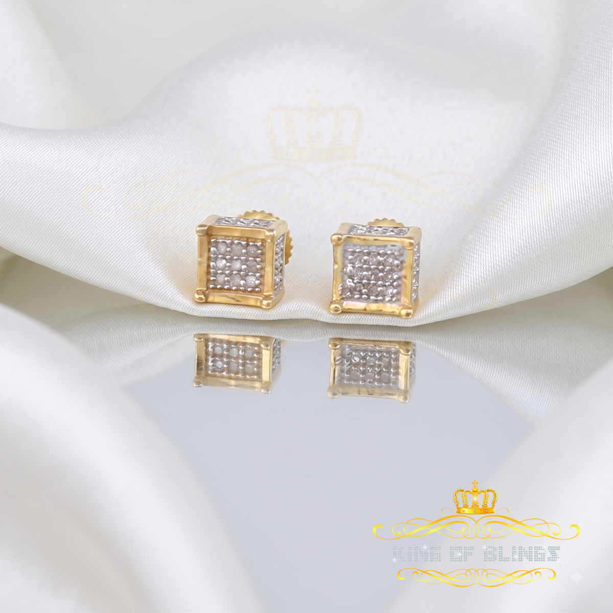 King of Bling's Micro Pave 0.05ct Real Diamond 925 Yellow Silver Women's & Men's Square Earrings KING OF BLINGS