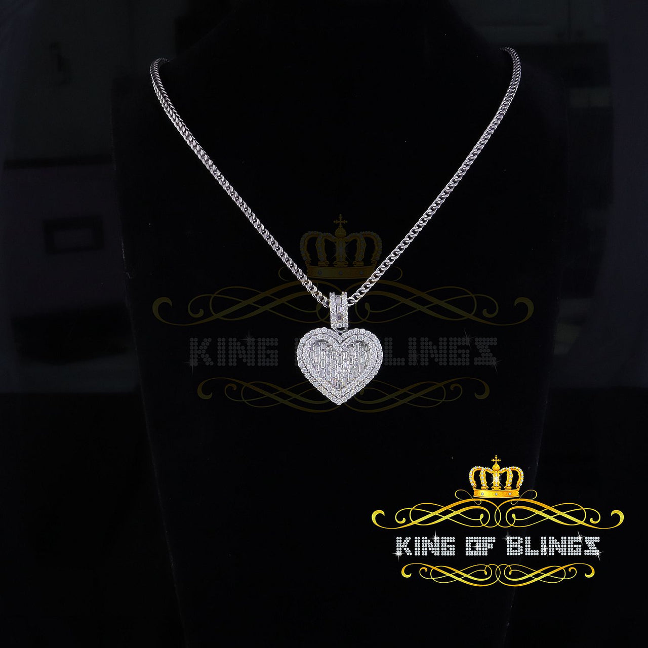 King Of Bling's Baguette 925 Silver White Heart Pendant 7.50ct VVS D Clr Moissanite for Women's