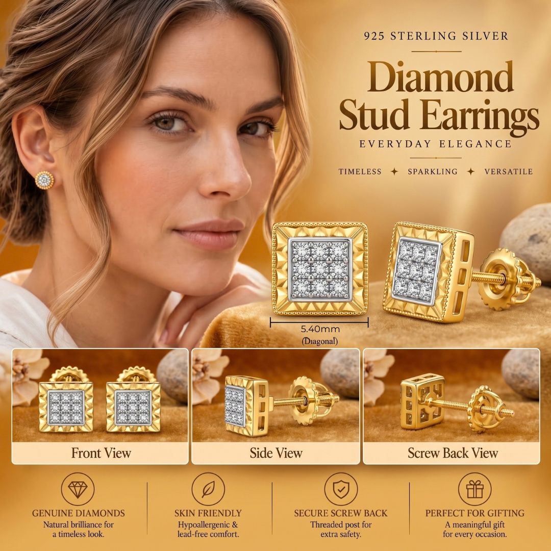 King Of Bling's 0.05ct Diamond For Yellow 925 Sterling Silver Men's & Women's Square Earrings KING OF BLINGS