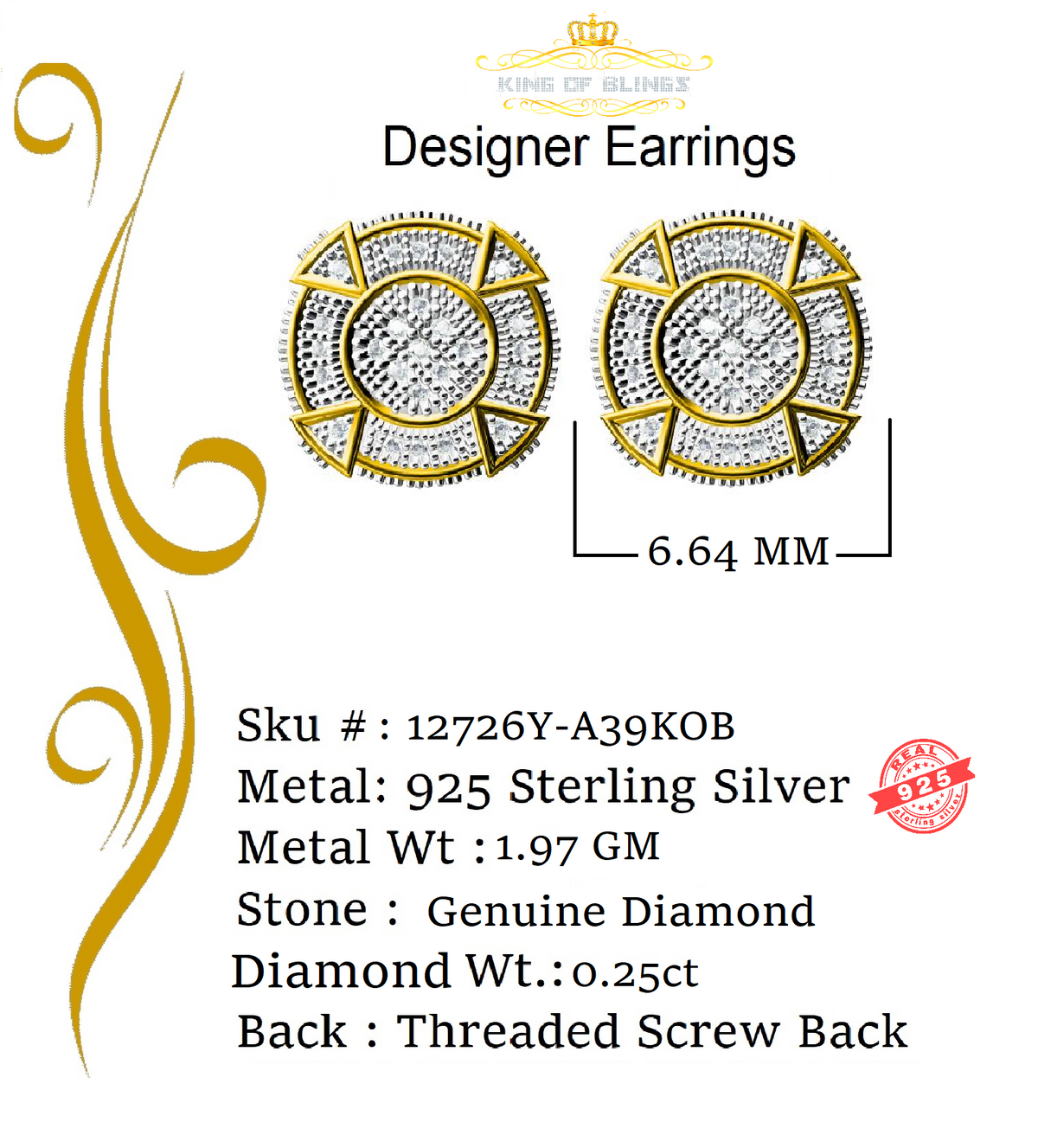 King of Bling's Aretes Para Hombre Silver 0.25ct Diamond For Ladies / Gent's Yellow Stud Earring KING OF BLINGS