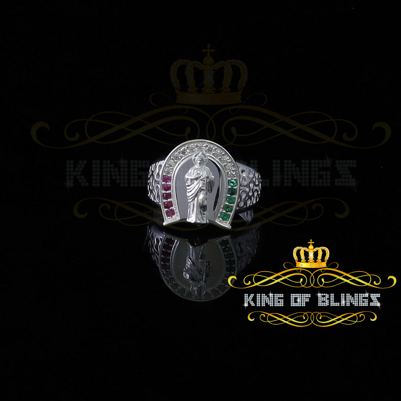 King Of Bling'sWhite 925 Silver Saint Jude Thaddeus Pink & Green CZ Horse Shoe Women Ring SZ 6