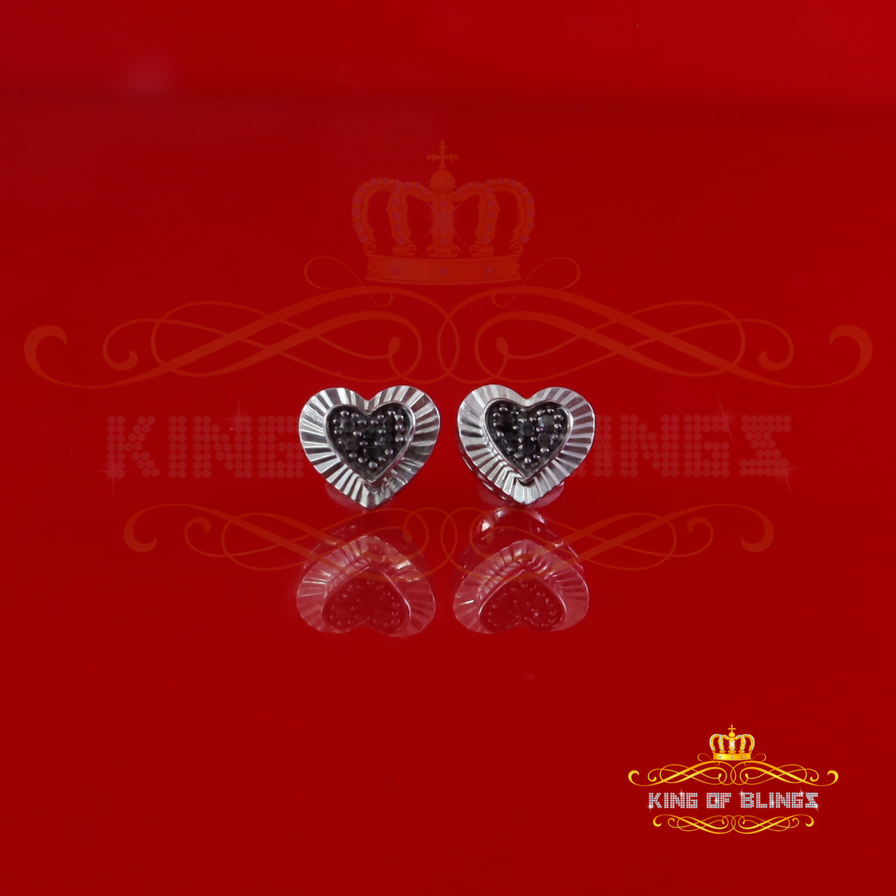 King Of Bling's Aretes Para Hombre Heart 925 White Silver 0.12ct Black Diamond Ladies Earrings