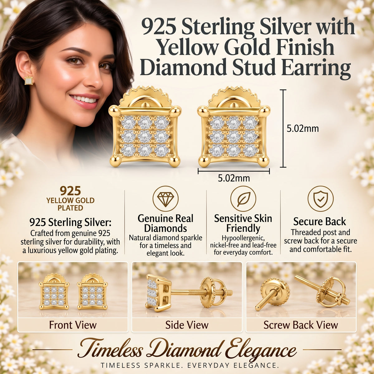 King Of Bling's 925 Sterling Silver 0.05ct Genuine Diamond Women's & Men's Yellow Square Earring KING OF BLINGS
