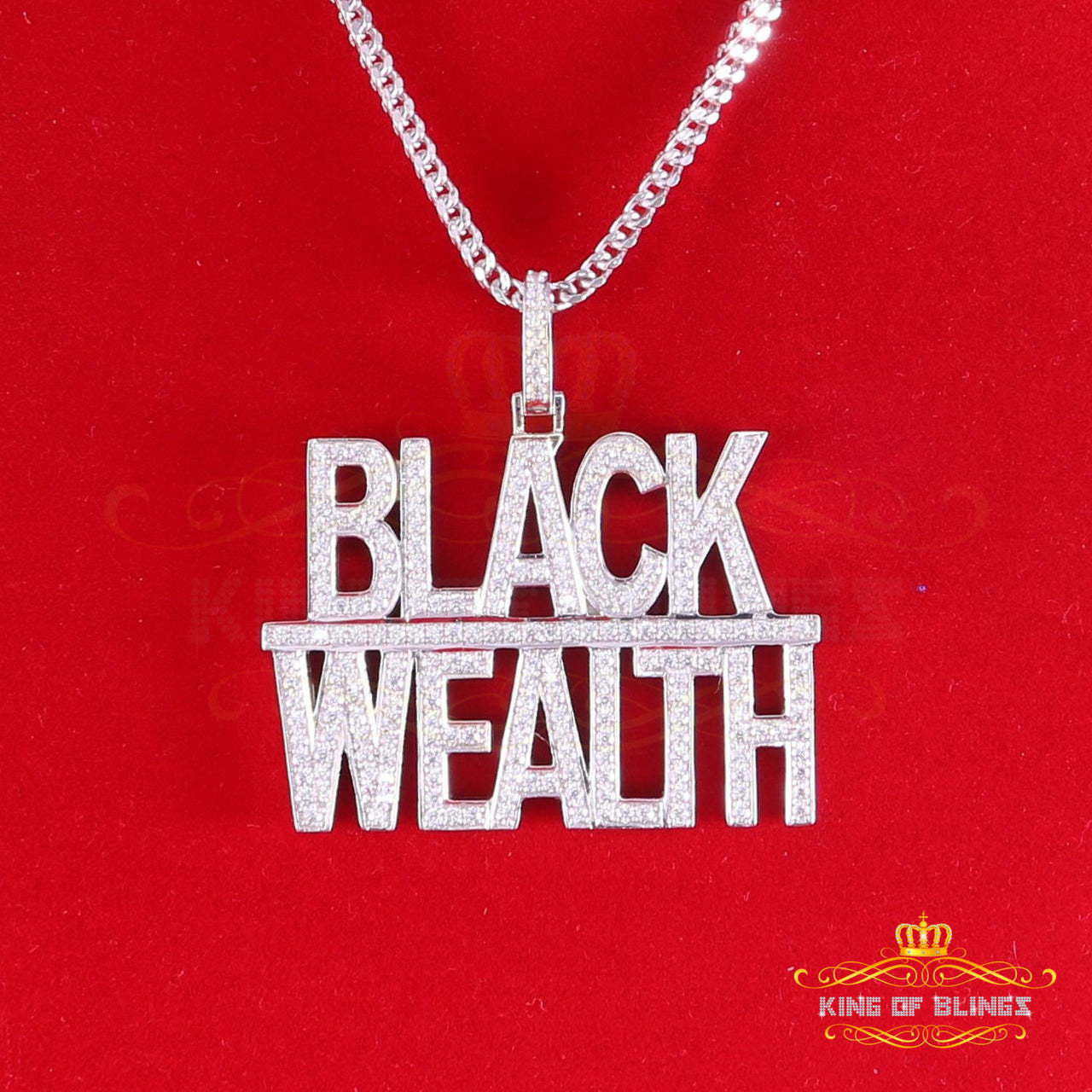 King Of Bling's White 925 Sterling Silver BLACK WEALTH Sign Pendant with 9.30ct Cubic Zirconia