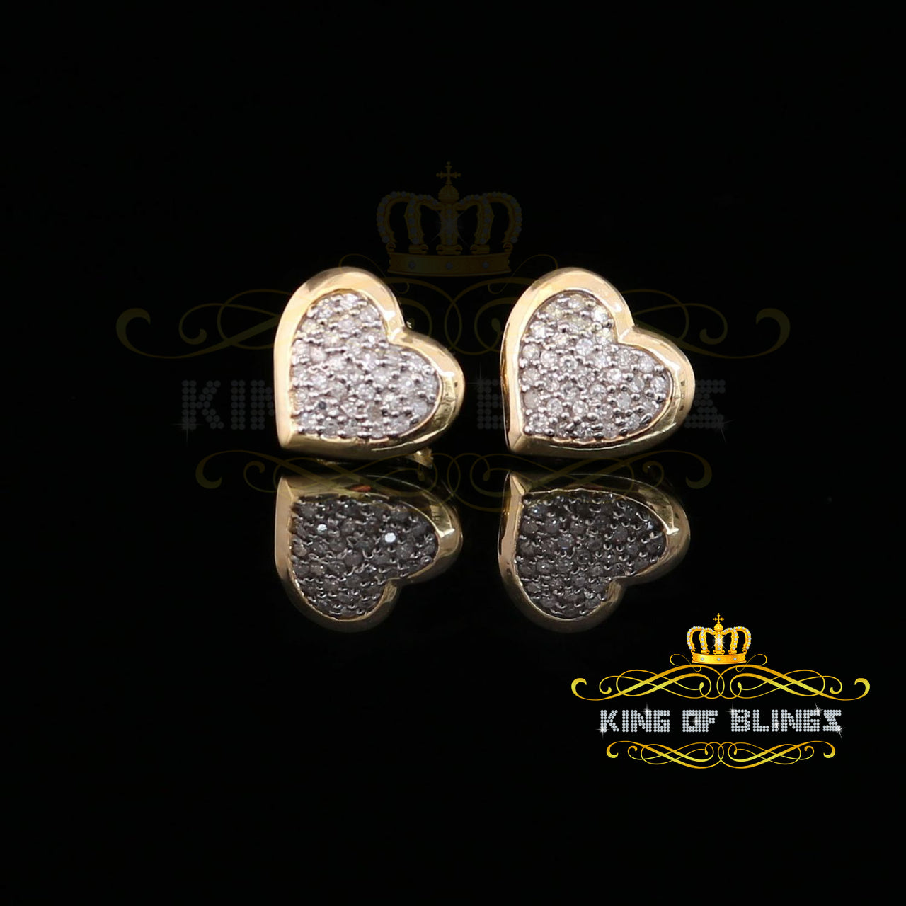 King Of Bling's 10K Real Yellow Gold Real Diamond 0.25CT Men's/Women's Stud Micro Heart Earring
